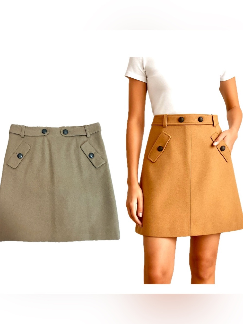Club Monaco tan camel brown wool High-Waist A-Line Button Pocket Skirt Sz 8 NWOT